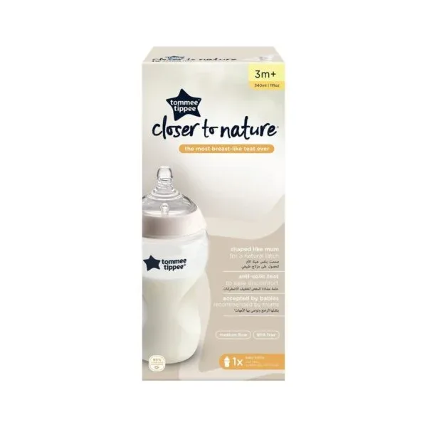 Tommee Tippee Closer to Nature Baby Bottle, Naturally Shaped Teat with Anti-Colic Valve, 340 ml