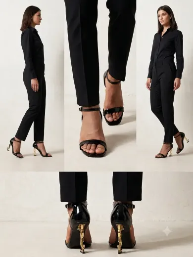 Women’s Black Patent Ankle-Strap Block Heel Sandals