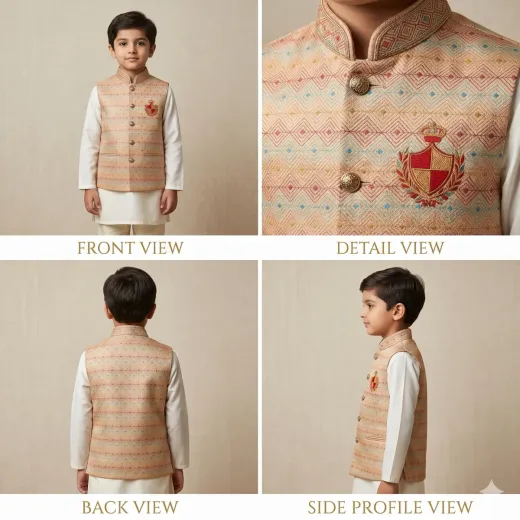 Boys Peach Jacquard Waistcoat – Premium Ethnic Festive Wear