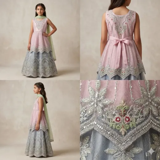 Elegant Girls’ Ethnic Gown Set – Pink & Grey Embroidered Lehenga Dress with Dupatta