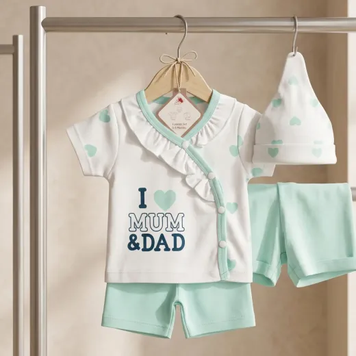 Newborn Baby Suit – Soft Cotton 3-Piece Outfit Set (I ❤️ Mum & Dad)
