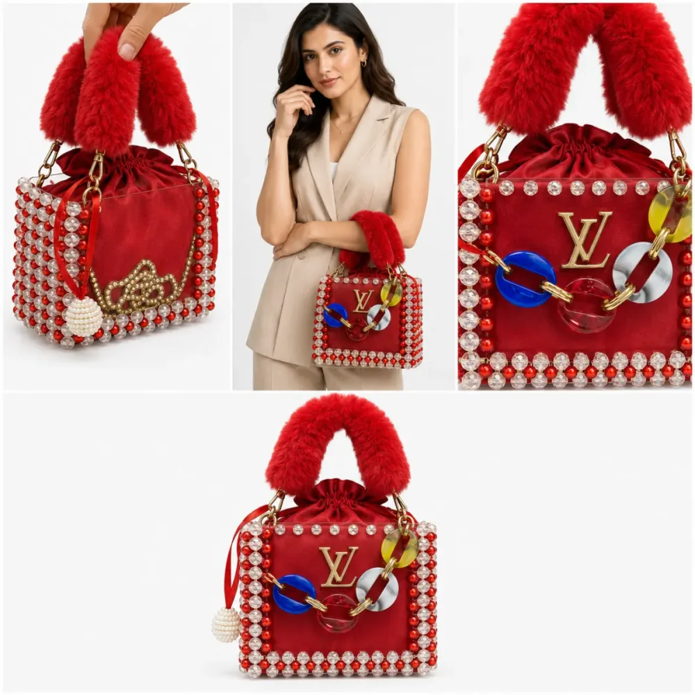 ❤️ Luxury Red Velvet Fur Handle Bucket Handbag ❤️