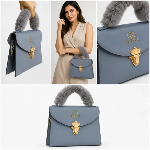 Elegant Grey Fur Handle Top Handle Handbag
