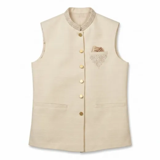 Premium Ivory Waistcoat with Embroidered Collar & Pocket Square
