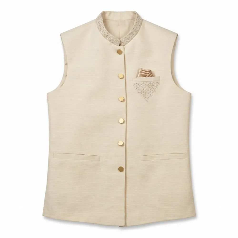 Premium Ivory Waistcoat with Embroidered Collar & Pocket Square