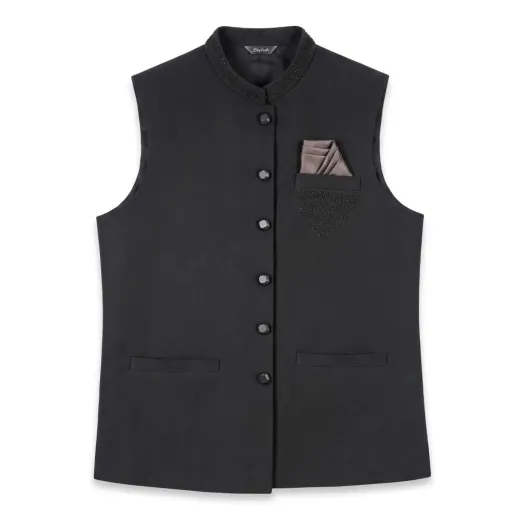 Premium Black Embroidered Waistcoat for Men