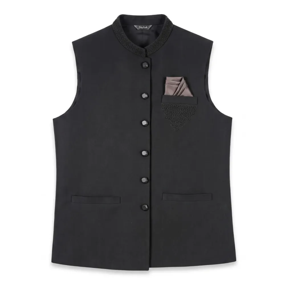 Premium Black Embroidered Waistcoat for Men