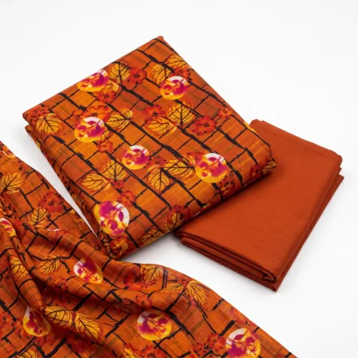 2 Pcs Ladies Printed Suit – Elegant Rust Orange Design