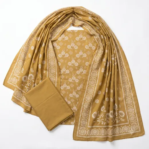 3 Pcs Ladies Printed Suit – Elegant Mustard Floral Collection