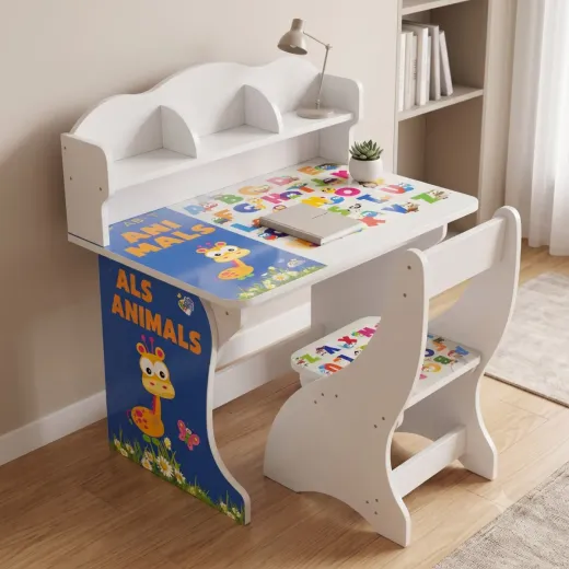 Kids Study Table & Chair Set with Bookshelf – Educational Learning Desk