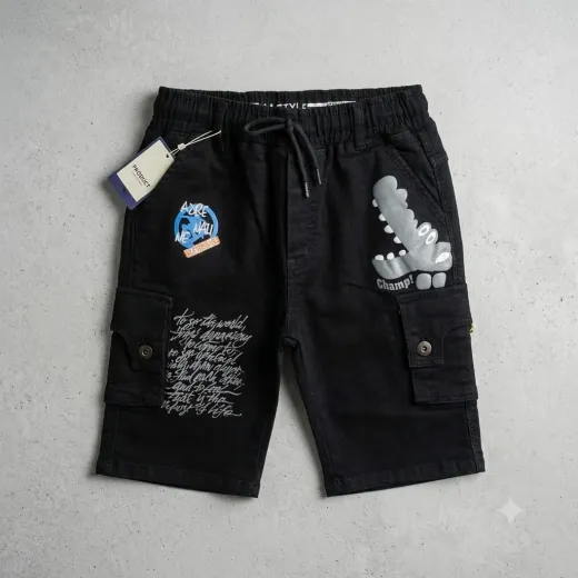 Boys Black Cargo Shorts with Graphic Pocket Print