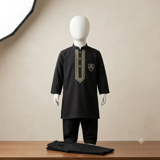 Premium Kids Black Kurta Shalwar Set – Elegant Embroidered Design