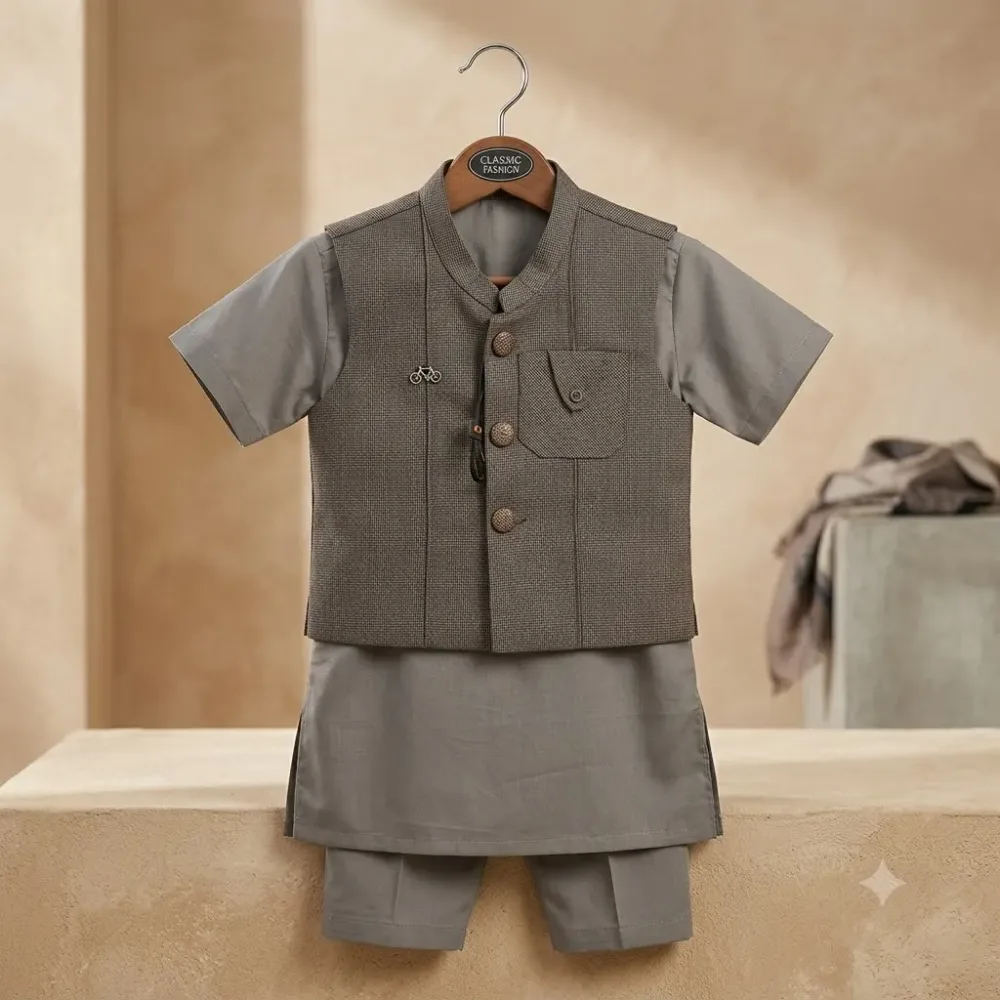 Premium Kids 3-Piece Waistcoat Suit – Grey