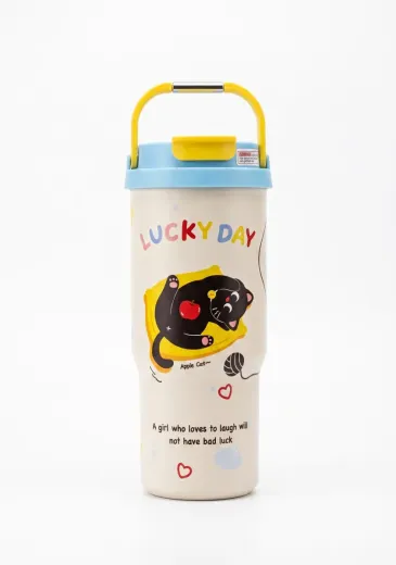 Lucky Day Cartoon Stainless Steel Water Bottle | Apple Cat Design