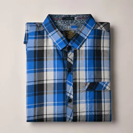 Classic Blue Plaid Slim-Fit Casual Shirt
