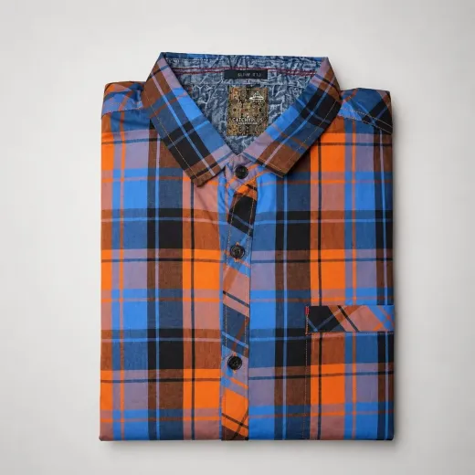 Vibrant Blue and Orange Plaid Slim-Fit Casual Shirt