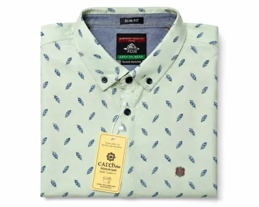 CATCHPlus Mint Green Feather-Print Slim-Fit Casual Shirt