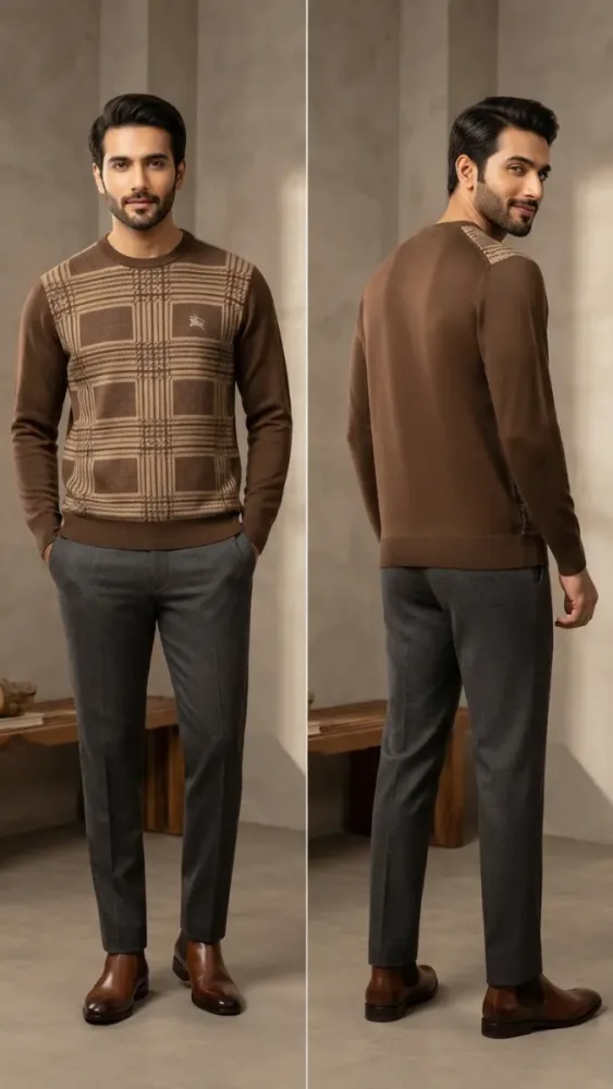 Men’s Brown Patterned Crewneck Sweater
