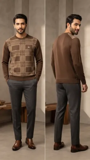 Classic Brown Plaid Crew Neck Jersey