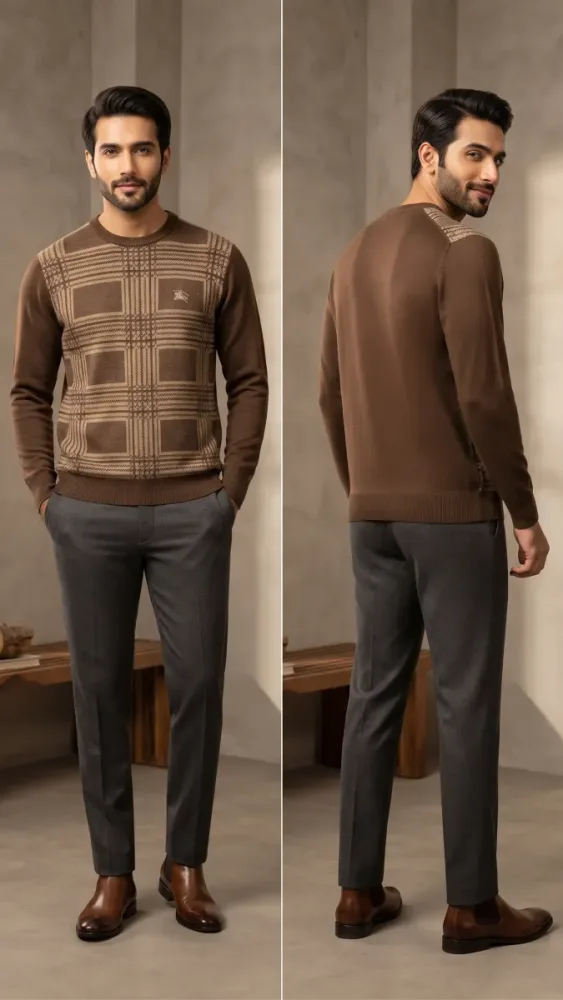 Classic Brown Plaid Crew Neck Jersey