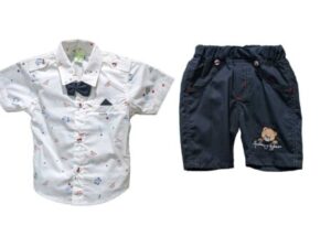 Stylish Baby Boy Shirt and Shorts Set with Bow Tie - Image 2