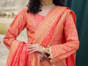 CL-52358-B – 3 Piece Unstitched Gold & Lacquer Printed Lawn Suit - Image 2