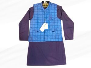 Dark Blue kurta Shalwar with Blue Checkered waistcoat - Image 1