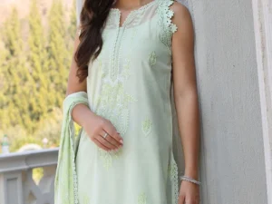PM-52030 – 3 Piece Unstitched Embroidered Paper Cotton Suit with Embroidered Chiffon Dupatta - Image 1